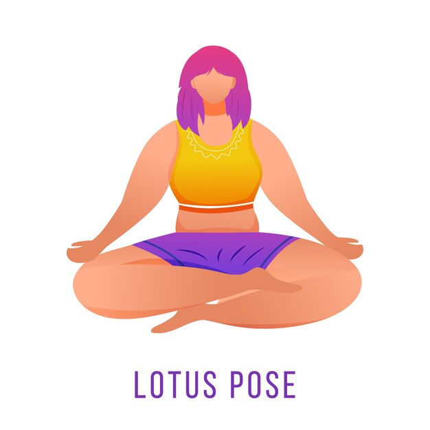 Lótus representam ilustração plana. padmasana. mulher caucausiana fazendo ioga em roupas esportivas laranja e roxas. treino, preparação física. exercício físico. personagem de desenho animado isolada em fundo branco