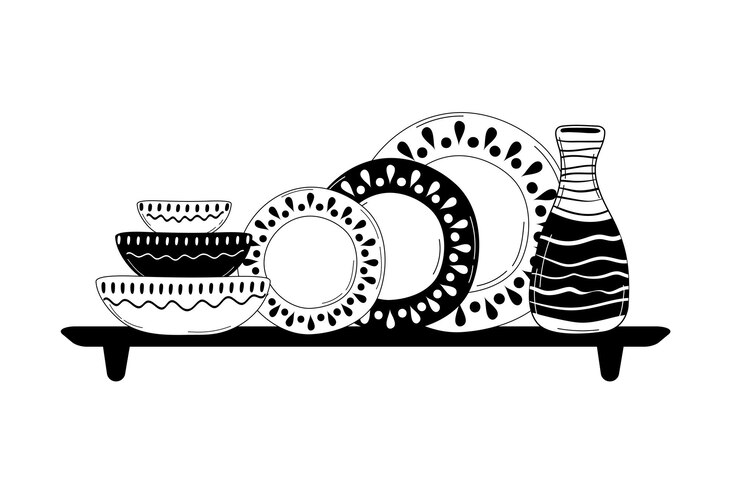 Vetor louça de cozinha cerâmica utensílios decorativos de cozinha artesanal ou talheres, como pratos copos pratos panelas para preparação de alimentos servindo e decoração design ilustração vetorial desenhada à mão