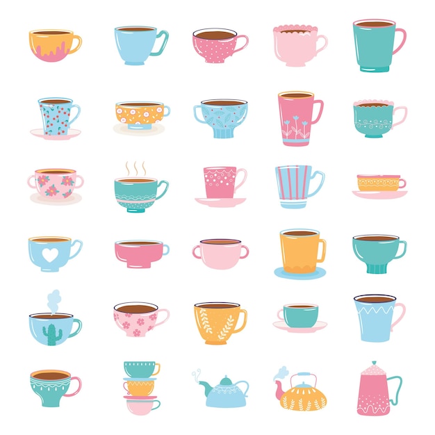 Louças da moda fofas para chá e café com decoração, chaleiras e xícaras para ilustração de bebidas