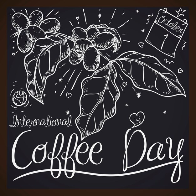 Vetor lousa com desenho de planta de café para celebração do dia internacional do café