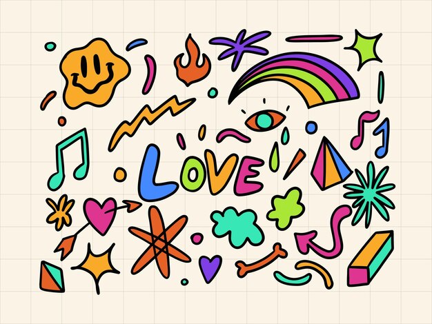 Love hand desenhado doodle bonito conjunto ilustração vetorial de fundo de desenho animado