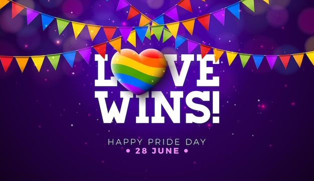 Vetor love wins happy pride day lgbtq rainbow heart e a bandeira colorida da festa em fundo roxo