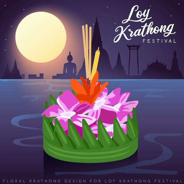 Loy krathong, festival tradicional tailandês com fundo de lua cheia, pagode e templo