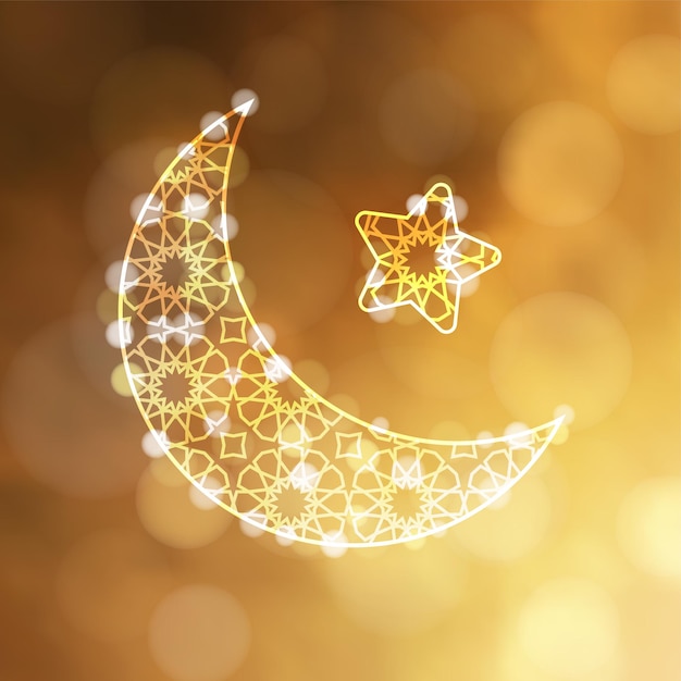 Vetor lua árabe ornamental com luzes de estrelas e bokeh convite de cartão para feriado muçulmano ramadan kareem ou eidulfitr fundo de ilustração vetorial turva festiva dourada