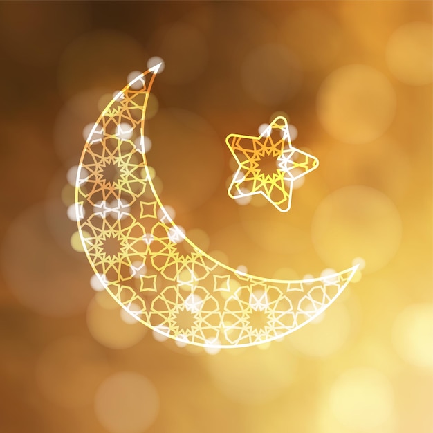 Lua árabe ornamental com luzes de estrelas e bokeh convite de cartão para feriado muçulmano ramadan kareem ou eidulfitr fundo de ilustração vetorial turva festiva dourada