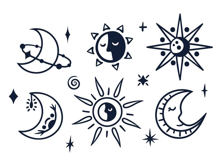 Vetor lua celestial preto e branco e sol boho linha desenhada à mão símbolos místicos isolados