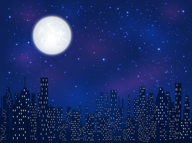 Lua cheia no céu noturno com estrelas brilhantes sobre a ilustração da cidade