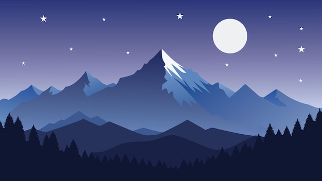Lua cheia no céu noturno nas montanhas de inverno ilustração vetorial plana