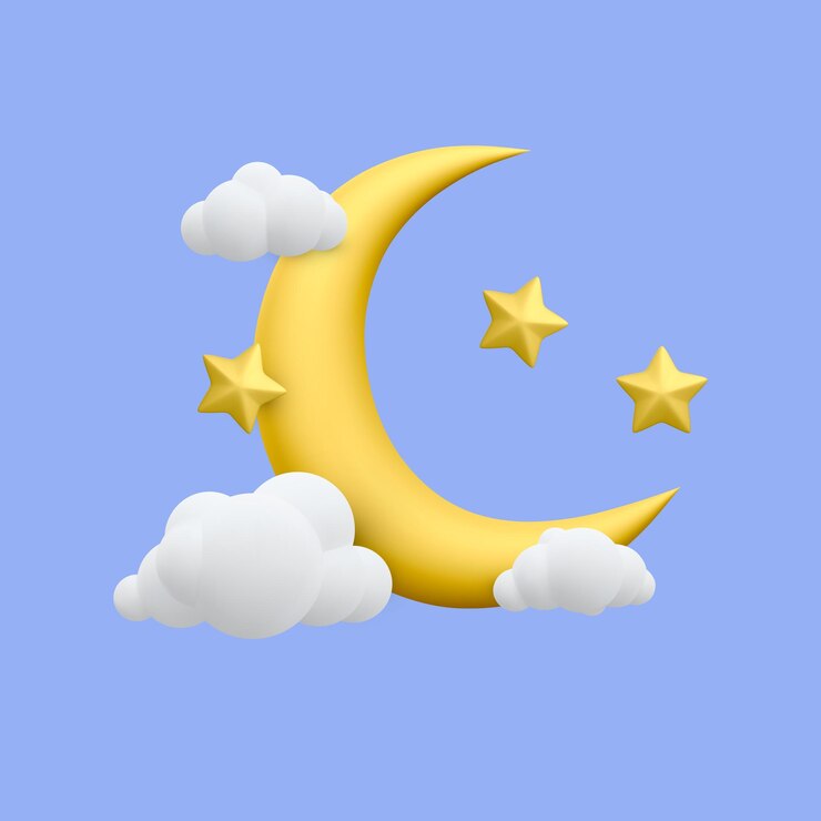 Vetor lua crescente amarela realista 3d com estrelas e nuvens sonhos de canção de ninar sonha fundo de design para cartaz de livreto de brochura de banner ou site ilustração em vetor