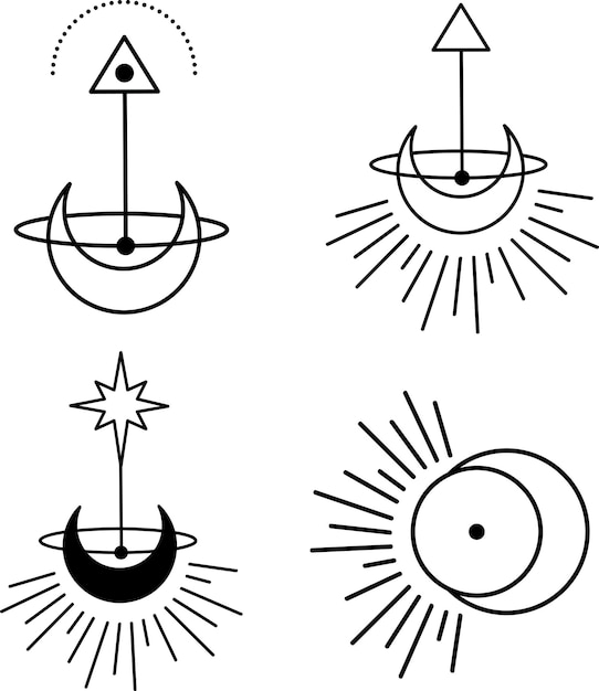 Vetor lua crescente boêmia com conjunto de ilustração de astrologia de estrelas e raios. fases da lua arte vetorial svg