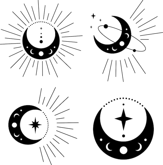 Vetor lua crescente boêmia com conjunto de ilustração de astrologia de estrelas e raios. fases da lua arte vetorial svg