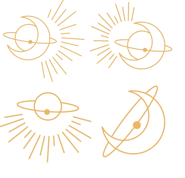 Lua crescente boêmia com conjunto de ilustração de astrologia de estrelas e raios. fases da lua arte vetorial svg