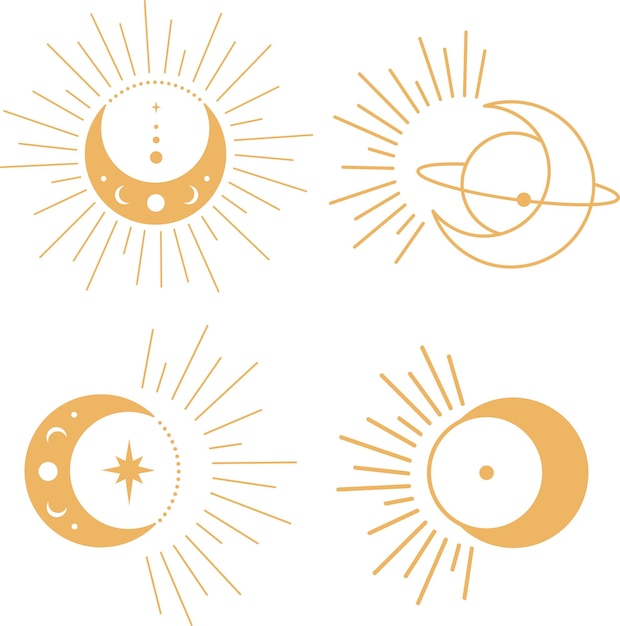 Vetor lua crescente boêmia com conjunto de ilustração de astrologia de estrelas e raios. fases da lua arte vetorial svg