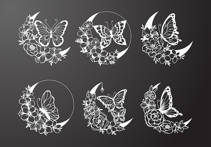 Vetor lua crescente com borboleta e decoração em estilo floral