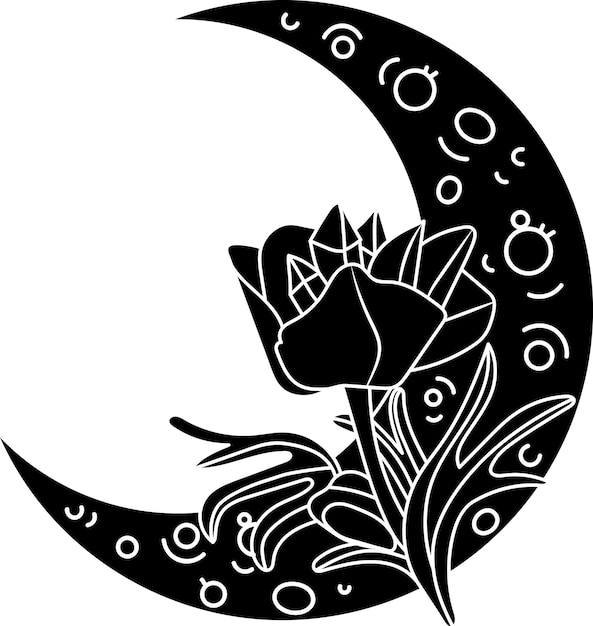 Lua crescente de contorno preto desenhada à mão com ilustração de flor de anêmona. astrologia clipart vetorial