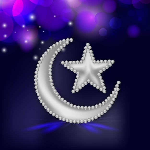 Vetor lua crescente de prata com uma estrela no conceito de festival islâmico abstrato bokeh