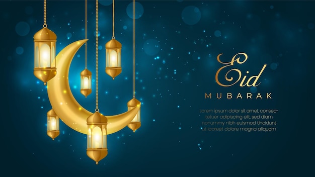 Lua crescente e design de fundo realista eid mubarak da lanterna