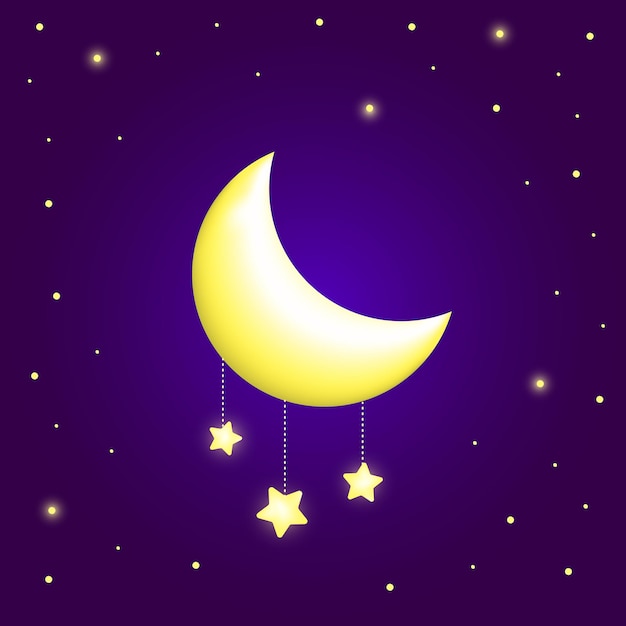 Lua crescente e estrelas em estilo cartoon. Ilustração em vetor.