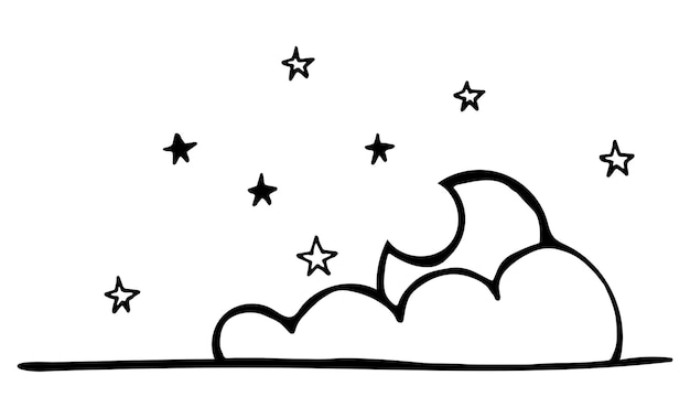 Lua crescente em nuvens doodle. mão desenhada com linha preta