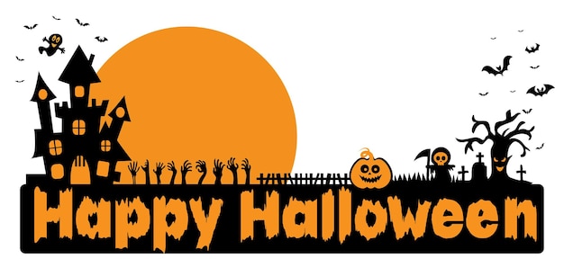Lua de abóboras de Halloween e castelo escuro na ilustração vetorial de fundo branco