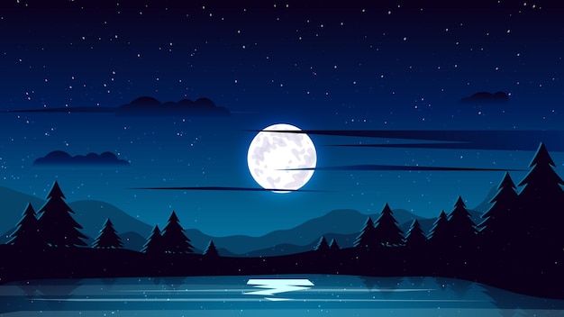 Lua noite paisagem ilustração vetorial pinheiro lago noturno