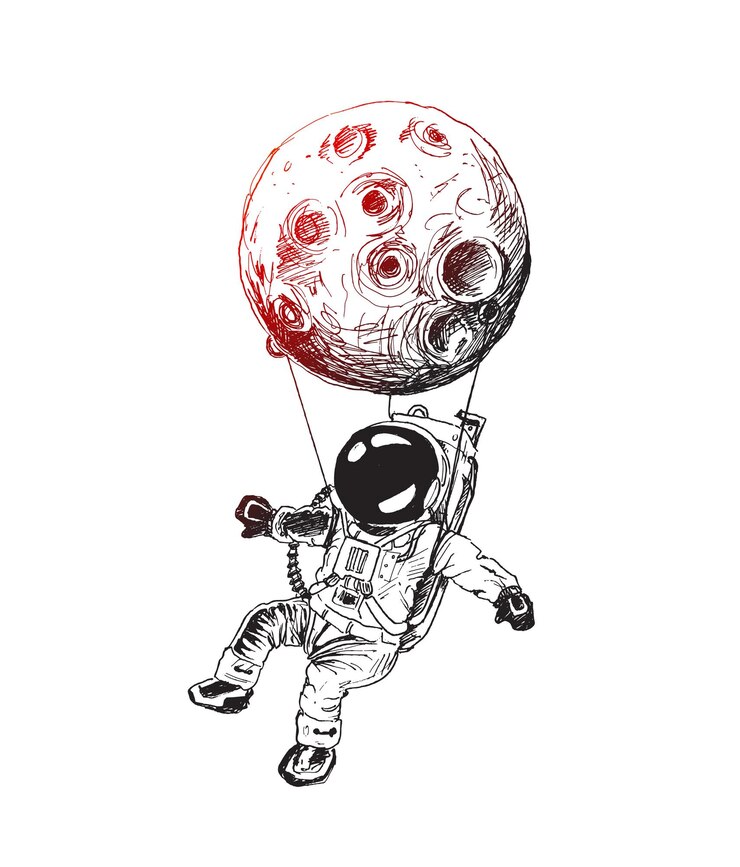 Vetor lua pendurada missão espacial de astronautas, ilustração em vetor esboço desenhado à mão.