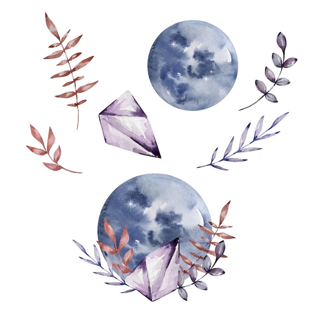 Luas aquareladas com cristais e flores