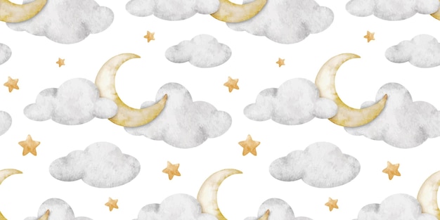 Luas Nuvens e estrelas Lua crescente Aquarela creche padrão sem costura fundo de bebê bonito Design para crianças roupas de mercadorias cartões postais têxteis papel de parede de banho de bebê e quarto de criança