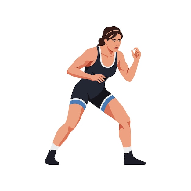 Luchadora em postura atlética vestindo um singlet escuro com sotaques azuis ilustração vetorial de design plano mostrando determinação e foco em uma atmosfera competitiva