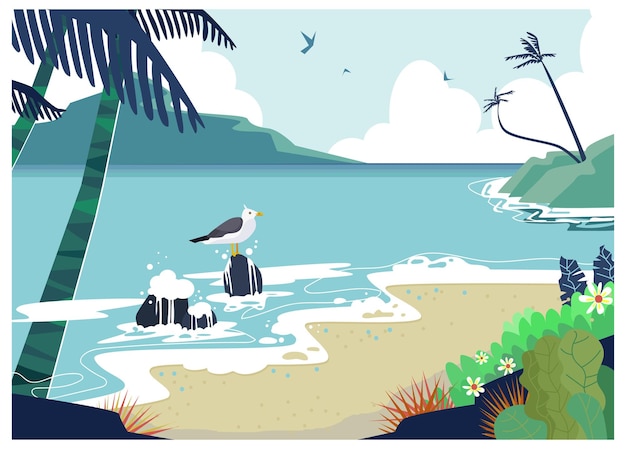 Vetor lugar de férias tropical área quente país à beira-mar gaivota sentado à beira-mar na onda do oceano rock