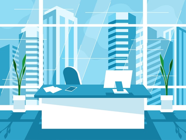 Lugar de trabalho de escritório Janela no escritório Vista de janela da paisagem da cidade Ilustração vetorial
