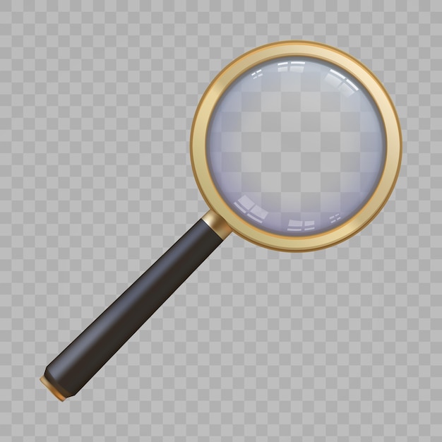 Lupa 3D dourada com alça e vista de zoom da lente. Lupa de lupa realista. Pesquisa ou analítica com conceito de vetor de ferramenta de ampliação. Examinando, explorando detalhes ou fazendo pesquisas