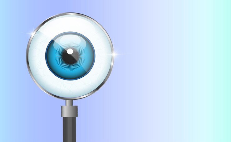 Vetor lupa e olho humano dentro de uma lupa em um fundo gradiente azul ilustração vetorial