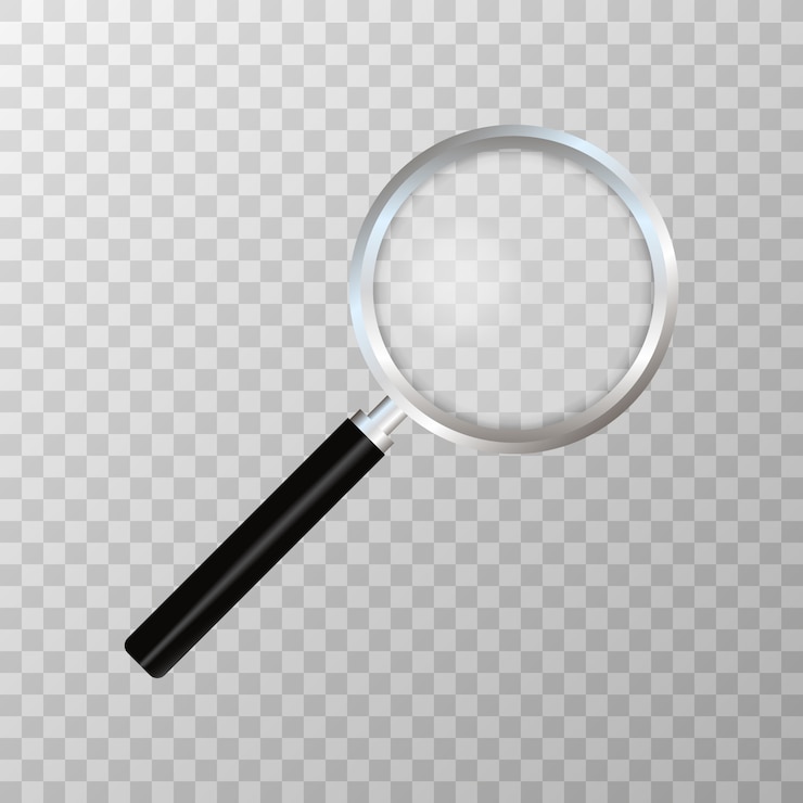 Vetor lupa realista em transparente. símbolo de pesquisa e inspeção. conceito de negócio. material escolar ou escolar.