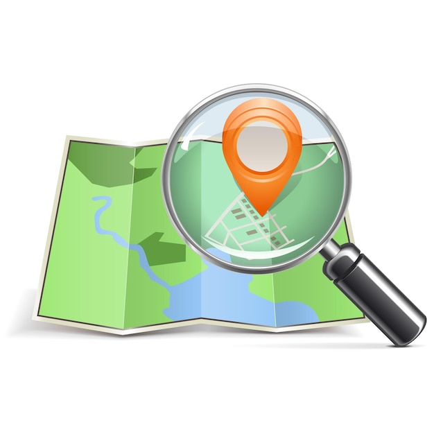 Lupa vetorial com ponteiro de mapa isolado no fundo branco