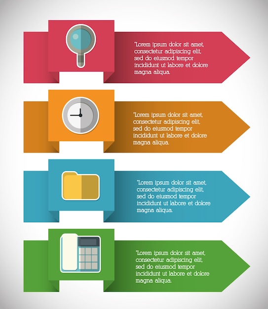 Vetor lupe phone file clock ícone de escritório de etapa infográfico