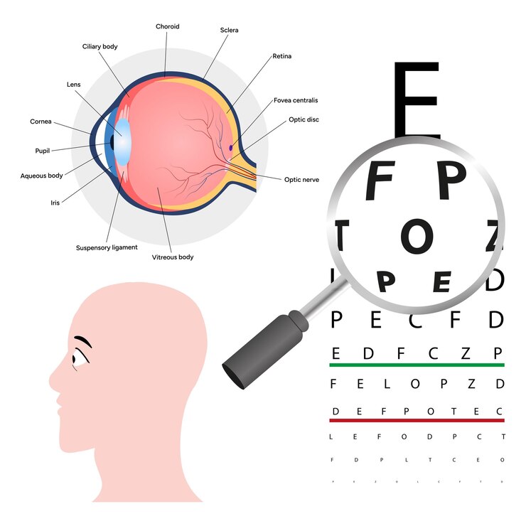 Vetor lúpula com efeito de zoom e teste ocular saúde olho anatomia humana