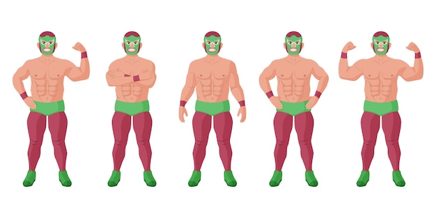 Lutador mexicano de lucha libre forte em conjunto de pose diferente. luchador alegre na máscara mostrando poder no músculo, poderoso campeão da ilustração vetorial de luta extrema isolada no fundo branco