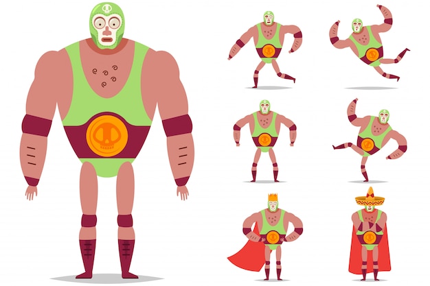 Lutador mexicano lucha libre em conjunto de personagens de desenhos animados de vetor de máscara isolado.