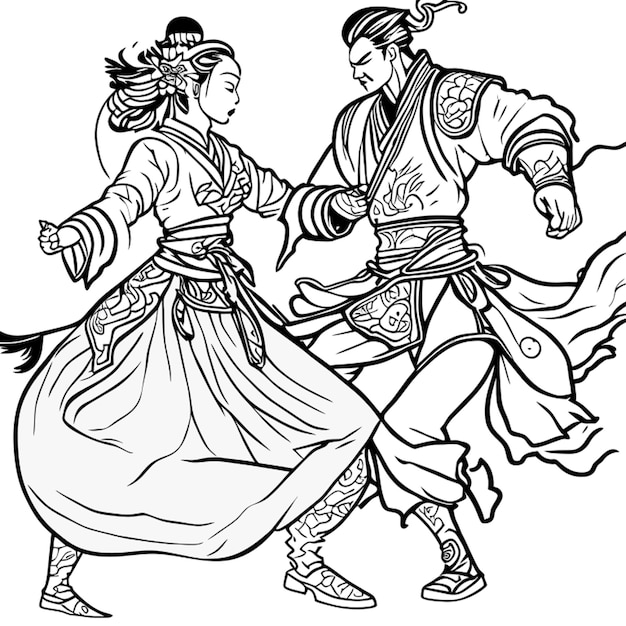 Vetor lutando homem cavalheiroso na china antiga em vestido elegante vector ilustração linha de arte