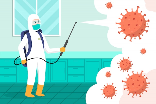 Lute o conceito da ilustração dos desenhos animados de Covid-19 Corona Virus. curar o vírus corona. as pessoas lutam contra o conceito de vírus com desinfetante. spray de limpeza para desinfecção. final de 2019-ncov. vírus contagioso