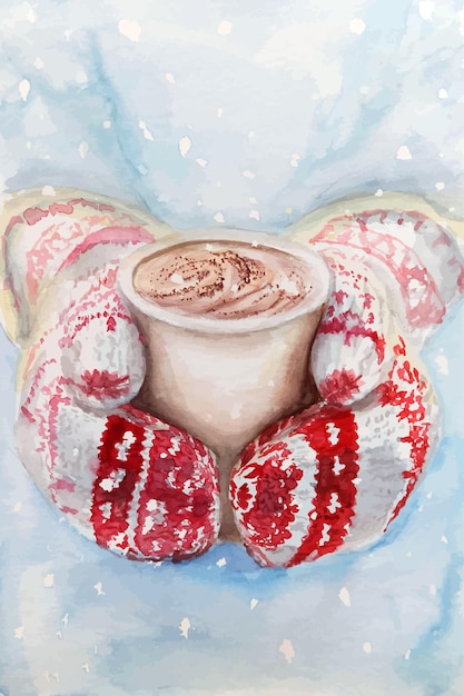 Vetor luvas de mão café quente com leite inverno cartão de natal ilustração em aquarela nevado