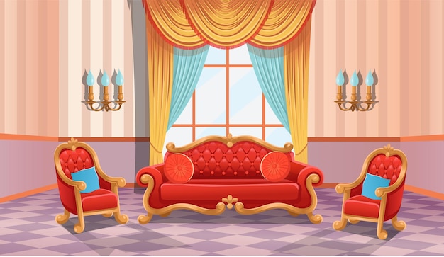 Vetor luxuoso interior barroco com sofá vermelho vintage e poltronas sala de estar no hotel castelo