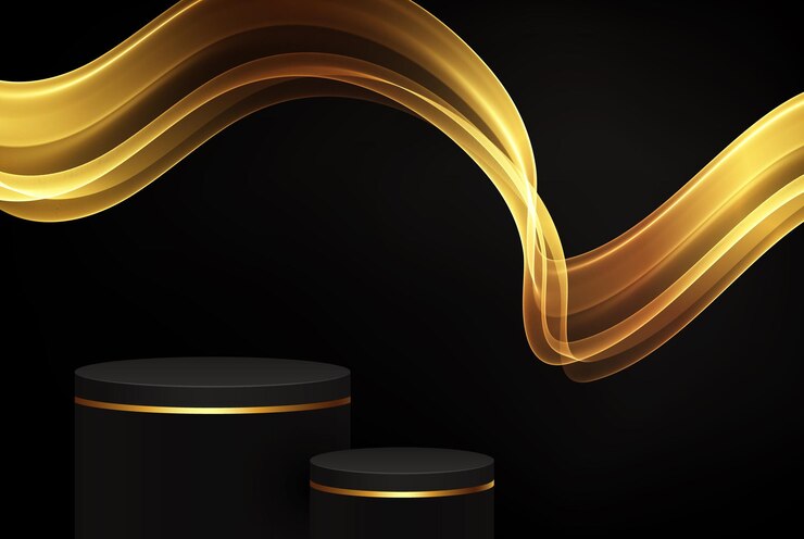Vetor luxuoso palco de pódio preto e dourado com glitter dourado e onda transparente abstrata dourada