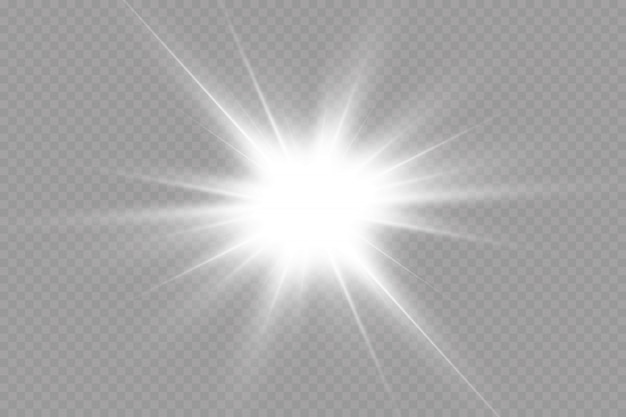 Vetor luz branca brilhante explode em um fundo transparente. com raio. sol brilhante e transparente, flash brilhante. efeito de luz especial de reflexo de lente.