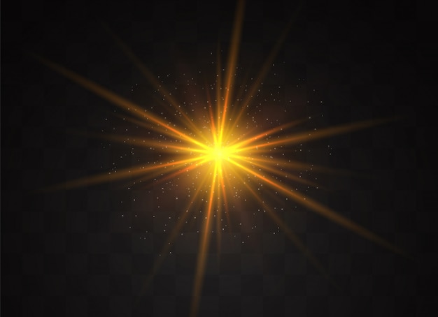 Luz brilhante amarela explode em um fundo transparente. Partículas de poeira mágica cintilante. Estrela Brilhante. Sol brilhante e transparente, flash brilhante. brilhos.