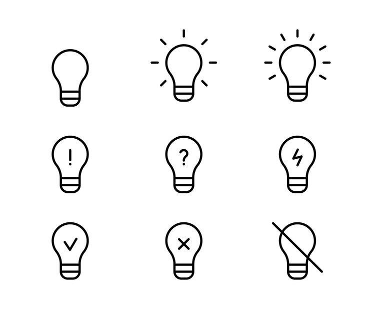 Vetor luz de lâmpada conjunto de ícones de linhas diferentes símbolo de lâmpada como ideia sinal de conceito lampa de contorno simples vector
