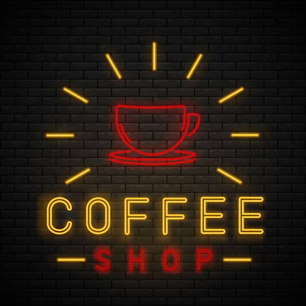 Luz de néon de café. Sinal de néon café na parede de tijolo.