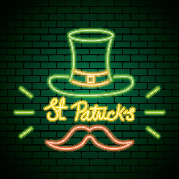 Luz de néon do Saint Patrick Day com ilustração de chapéu de duende e bigode