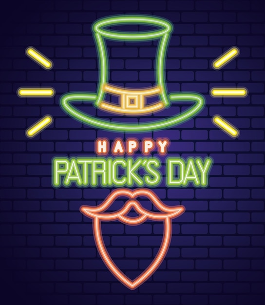 Luz de néon do Saint Patrick Day com ilustração de chapéu e barba de duende